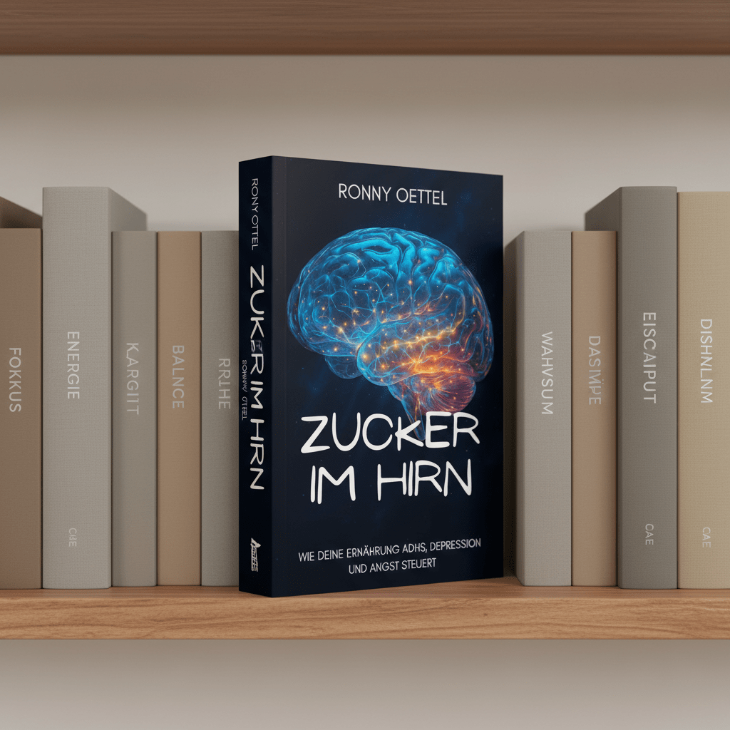 Cover des Sachbuchs „Zucker im Hirn“ von Ronny Oettel, stehend auf einem hellen Bücherregal