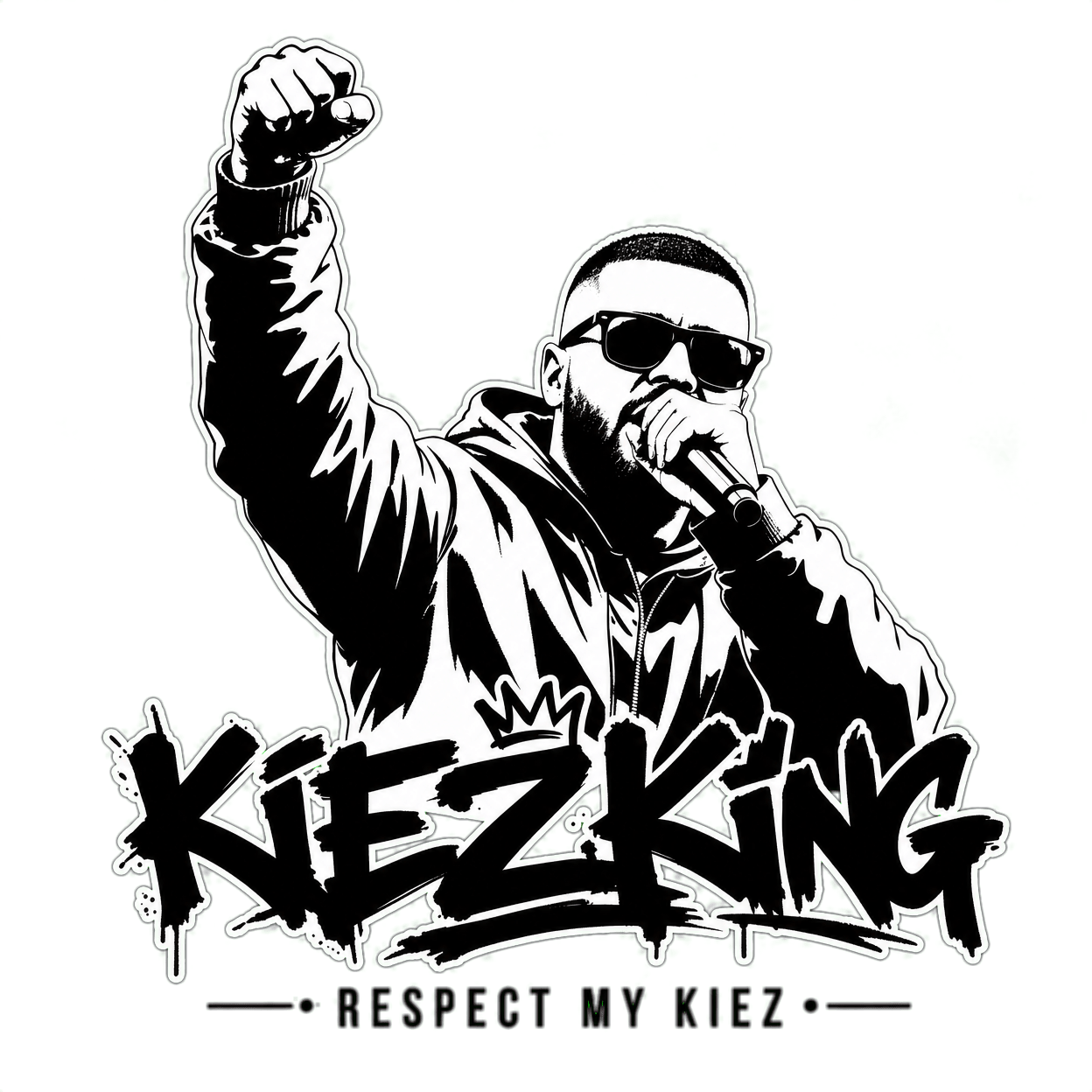 KiezKing.us Logo-Illustration: Rapper mit Mikrofon und erhobener Faust, urbaner Streetstyle mit dem Slogan Respect My Kiez