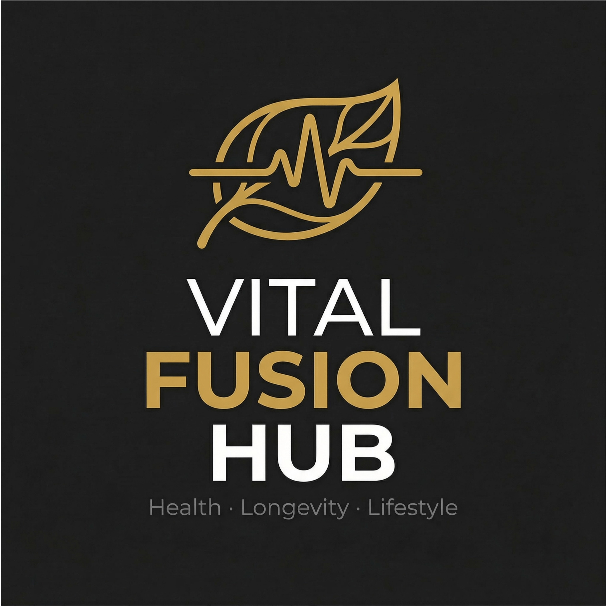 Vital Fusion Hub Logo mit stilisiertem Blatt, das Gesundheit, Langlebigkeit und Lifestyle symbolisiert
